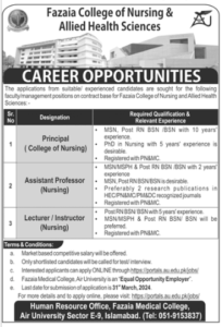 Fazaia College of Nursing and Allied Health Sciences Jobs 2024